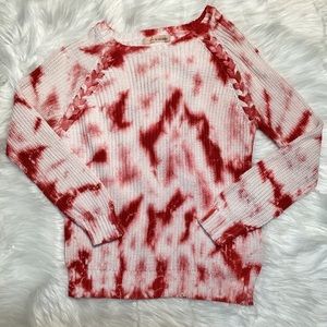 Women’s Red White Tie Dye Knit Ribbed Long Sleeve Sweater Ribbon Crisscross